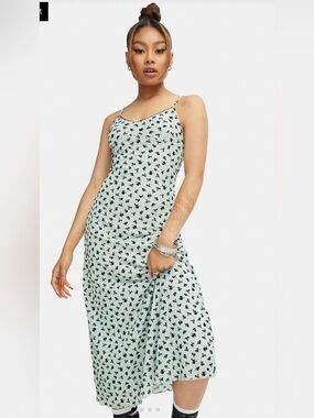 NWT Motel Cotina Midi Dress In Sage Flower Buds Black Flock XS